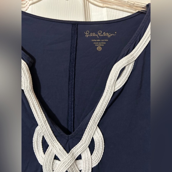 Lilly Pulitzer Navy Rope-Trim V-Neck Nightgown Dress VGUC Nautical Large - Picture 3 of 3
